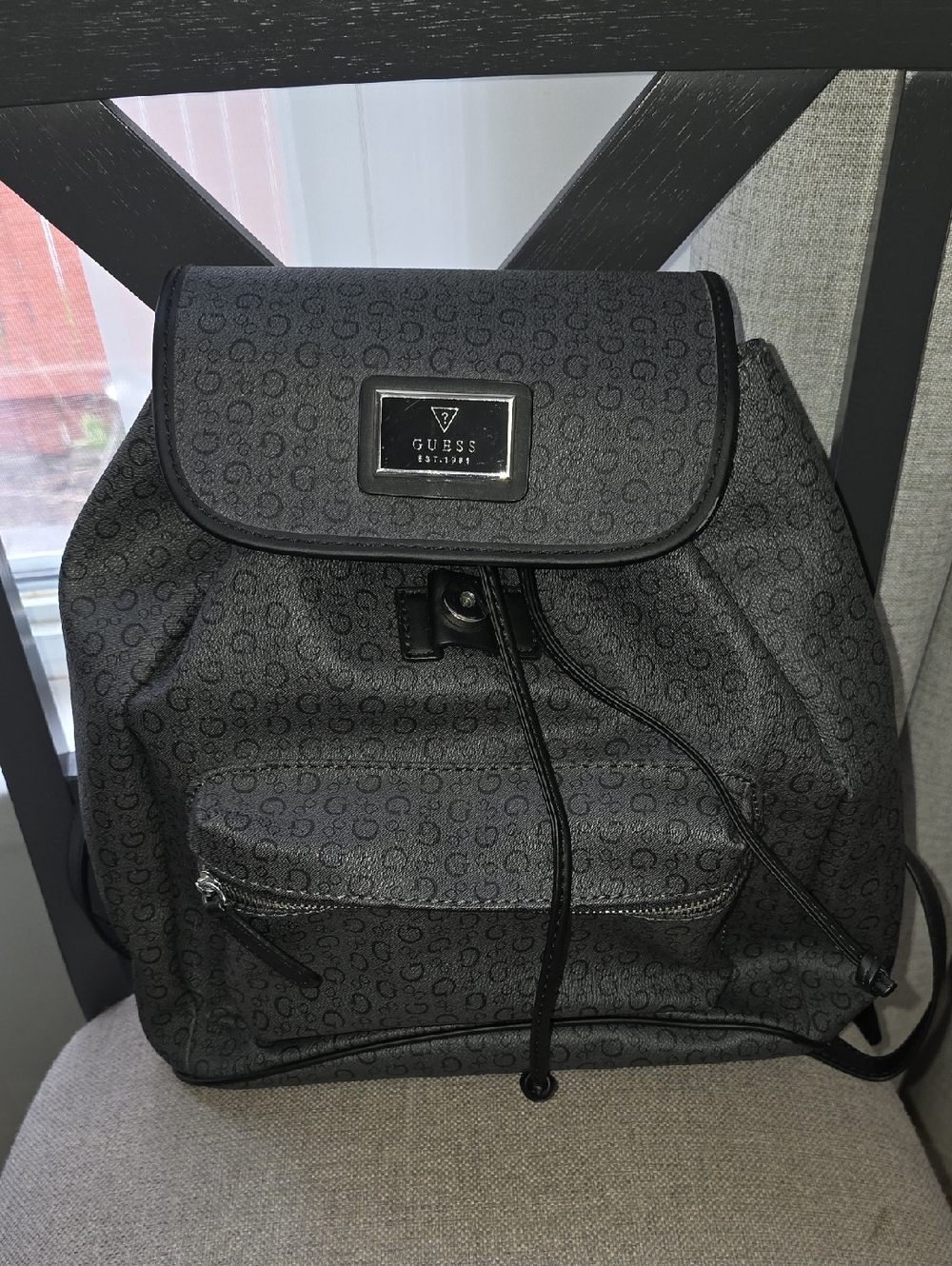 GUESS Black Monogram Drawstring Backpack